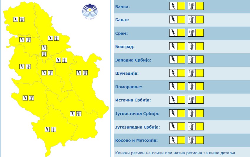 Žuti meteoalarm danas u čitavoj Srbiji