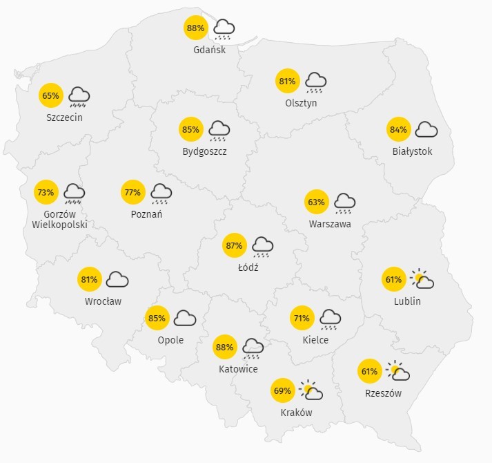 Prognoza zachmurzenia w poniedziałek 16 listopada