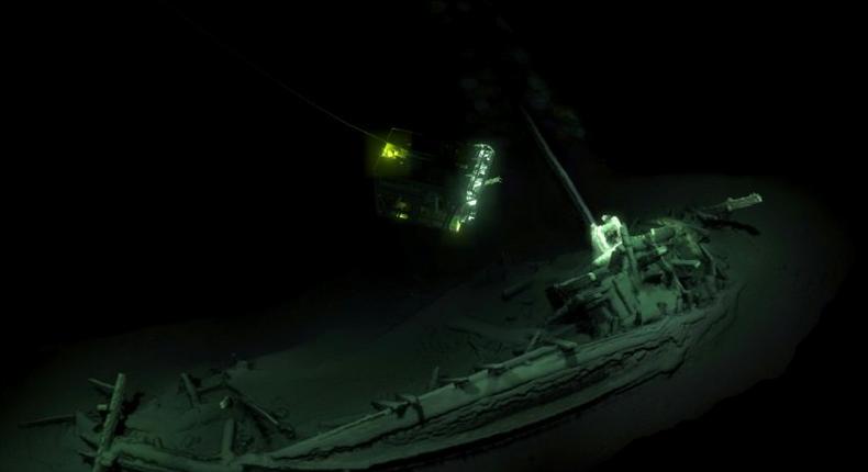 An undated picture released by Black Sea MAP/EEF Expeditions in London on October 23, 2018 shows the remains of an ancient Greek trading ship lying on the sea bed at the bottom of the Black Sea near Bulgaria