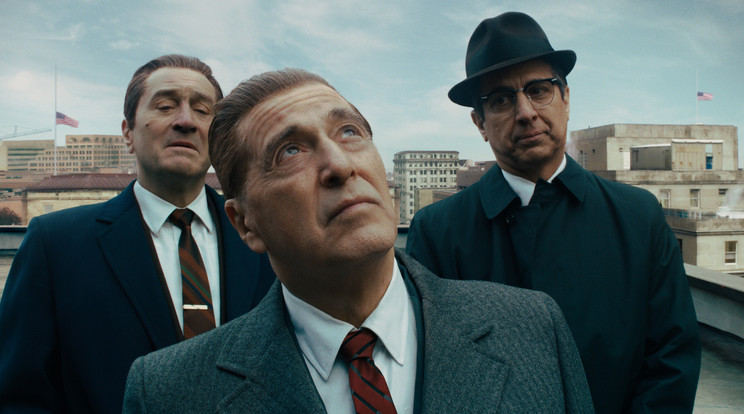 Scorsese filmjében De Niro volt a címszereplő (balról), Al Pacino (középen) pedig Hoffa/Fotó:Profimedia