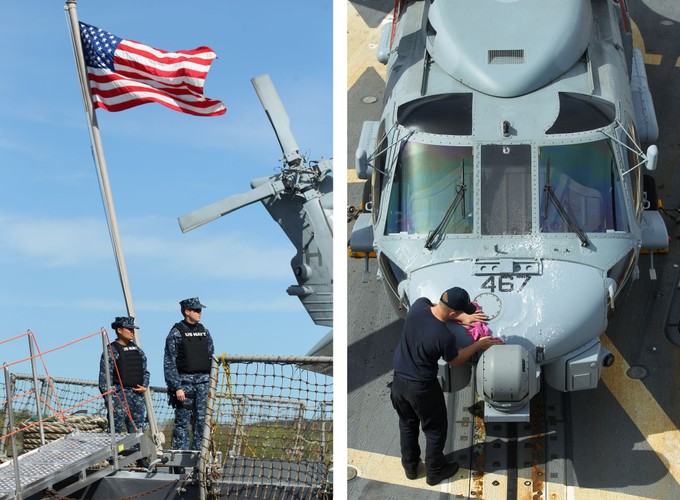 Śmigłowiec Sikorsky SH-60 Seahawk na pokładzie amerykańskiego niszczyciela rakietowego typu Arleigh Burke USS Jason Dunham, który 6 bm. zawinął z wizytą do portu w Gdyni. <br><br>fot. (mgo) PAP/Piotr Wittman