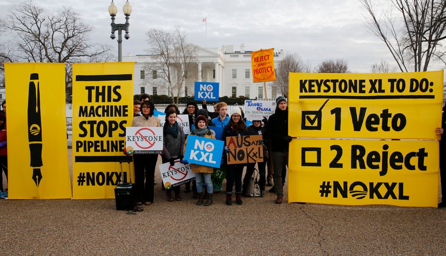 Veto supporters rally in front of the White House on the same day U.S. President Barack Obama vetoed a Republican bill approving the Keystone XL oil pipeline from Canada, in Washington, February 24, 2015.