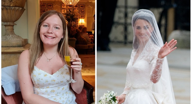 Mikhaila Friel, left, at The Goring hotel where Kate Middleton, right, spent the night before her wedding.Mikhaila Friel/Insider, Samir Hussein/WireImage/Getty Images