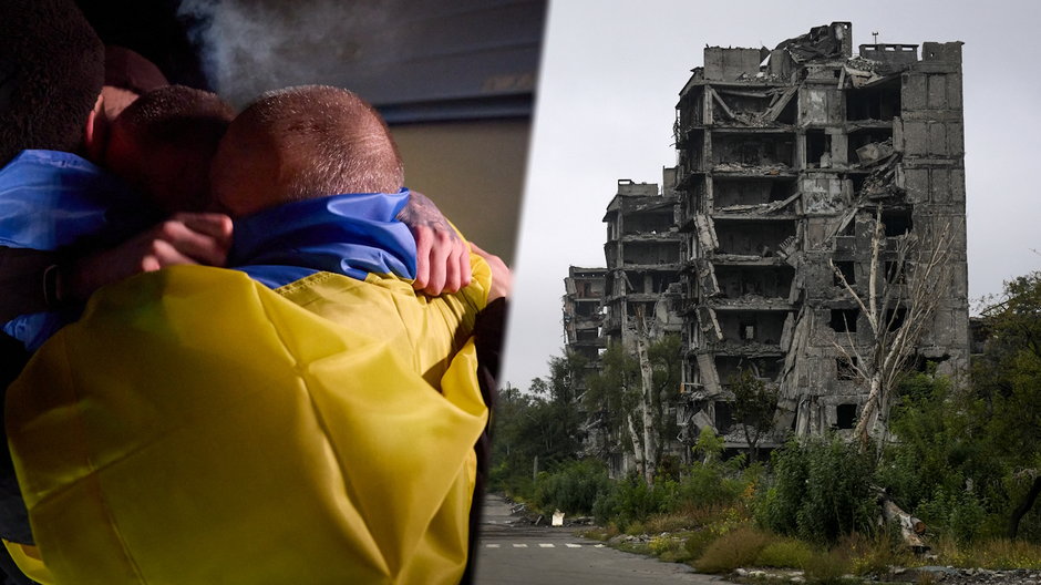 Po lewej uwolnieni z rosyjskiej niewoli Ukraińcy, 3 stycznia 2024 r. Po prawej widok na zniszczone budynki w Mariupolu, 29 września 2022 r.