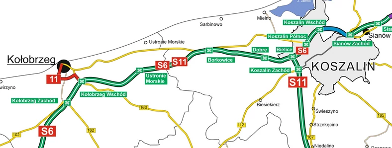 Sieć drogowa w rejonie Kołobrzegu i Koszalina