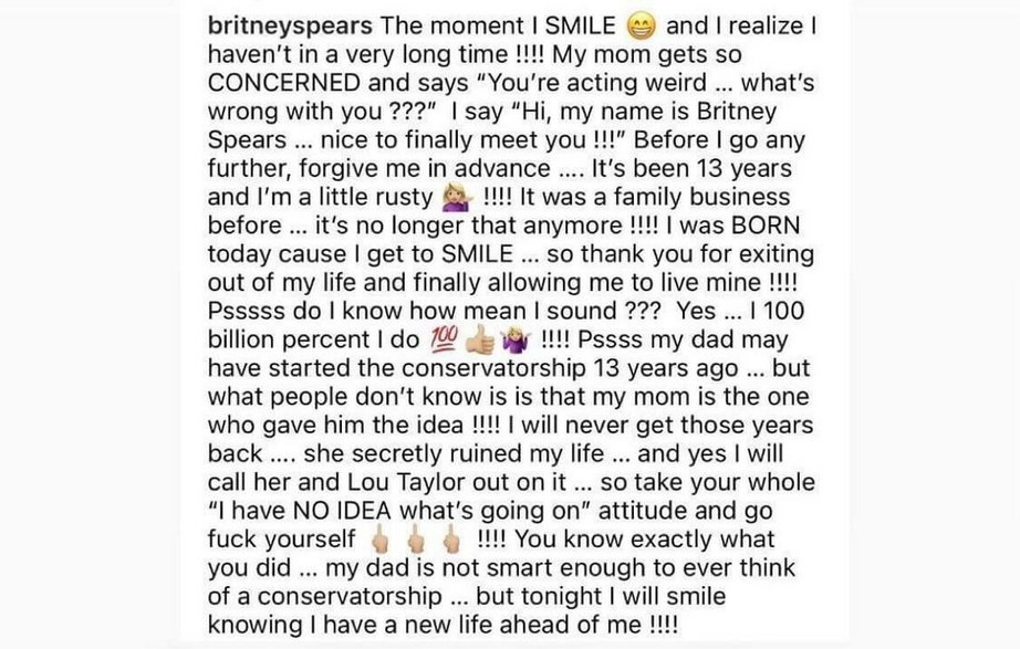 Screen usuniętego posta Britney Spears