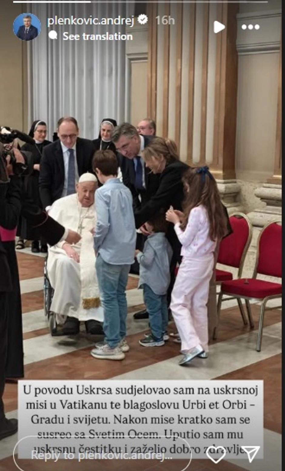 Plenković se sreo sa papom Franjom na Uskrs