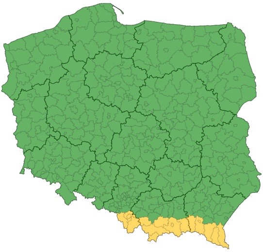 Mapa IMGW przedstawiająca regiony, w których mogą pojawić się silniejsze porywy wiatru