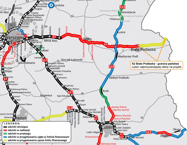 Mapka A2 pomiędzy Warszawą a granicą z Białorusią  