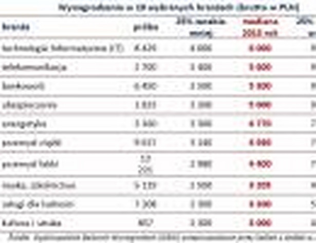 Wynagrodzenia w 10 wybranych branżach (brutto w PLN)