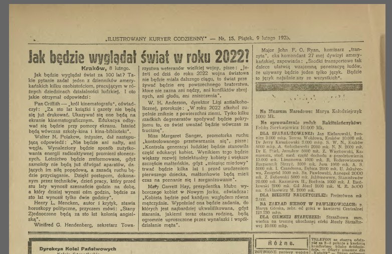 "Jak będzie wyglądał świat w roku 2022?", "Ilustrowany Kuryer Codzienny", 9 lutego 1923 r. 