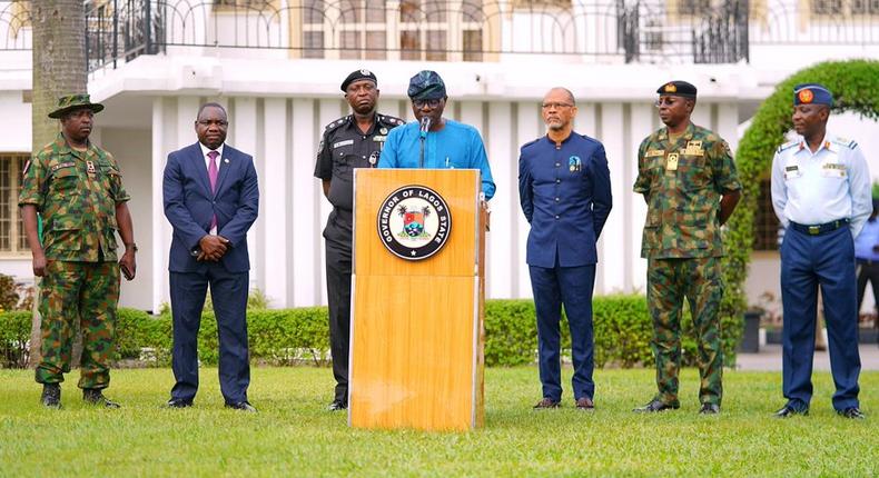 Lagos Governor Jide Sanwo-Olu and other members of his team providing updates on latest measures to curb spread of coronavirus in Nigeria's most populous city (Jubril Gawat) 