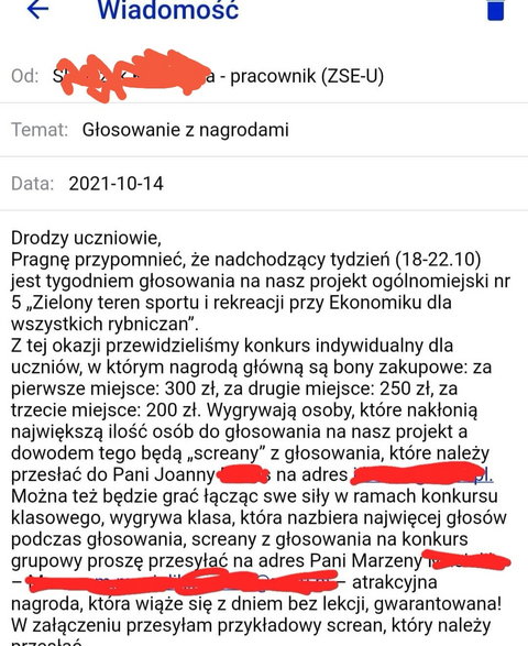 Zrzut ekranu wiadomości e-mail jednego z pracowników szkoły