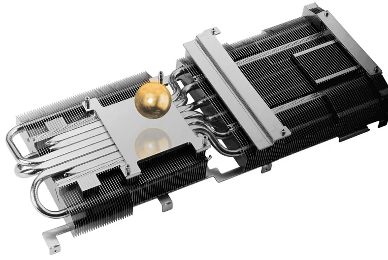 ASUS TUF Gaming GeForce RTX 3080 OC – radiator układu chłodzenia złożony jest z 3 podwójnych i 3 pojedynczych ciepłowodów i dwóch dużych bloków aluminiowych żeberek