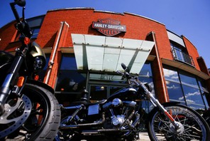 Harley Davidson motorcycles are displayed for sale at a showroom in London