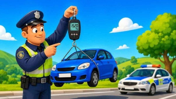 Policajt váži auto mobilnou váhou.