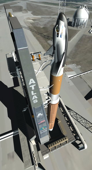 Grafika prezentująca przyszły załogowy Dream Chaser przed startem na szczycie rakiety nośnej Wersja transportowa będzie wynoszona w aerodynamicznej kapsule.