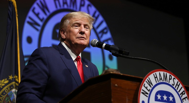 Former President Donald Trump pauses during an address to New Hampshire Republicans.Reba Saldanha/AP