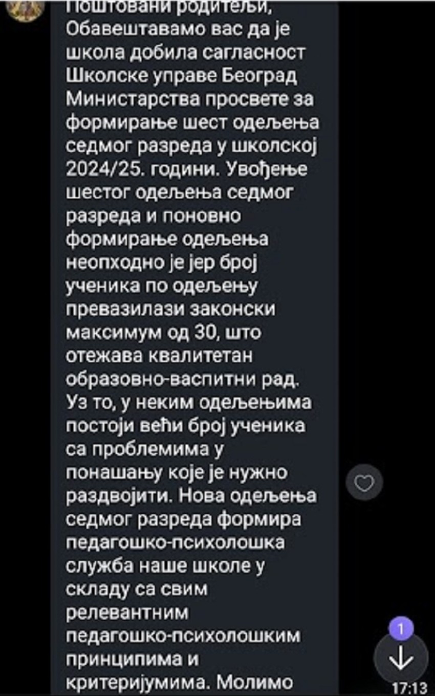 Poruka koju su roditelji dobili od direktora