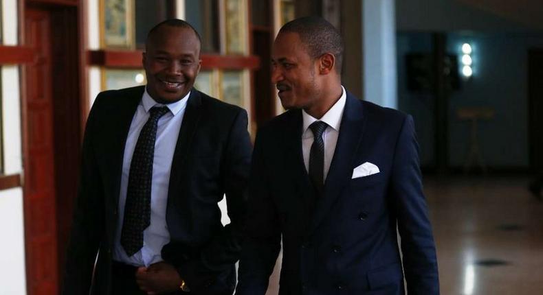 Embakasi East MP Babu Owino (R) with his Starehe counterpart Charles Njagua Jaguar