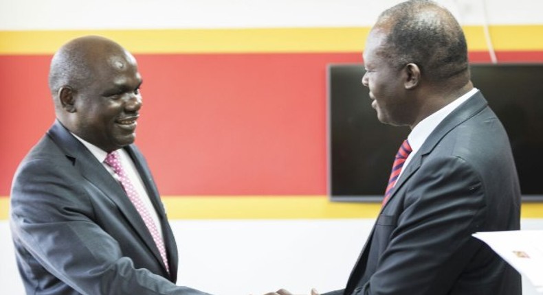 Jubilee Party secretariat head Raphael Tuju and IEBC Chair Wafula Chebukati during a meeting with IEBC commissioners at Jubilee House, Pangani, February 17, 2017.