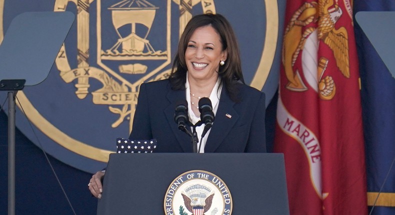 Vice President Kamala Harris speaks at the graduation and commission ceremony at the US Naval Academy in Annapolis, Maryland, on May 28, 2021.
