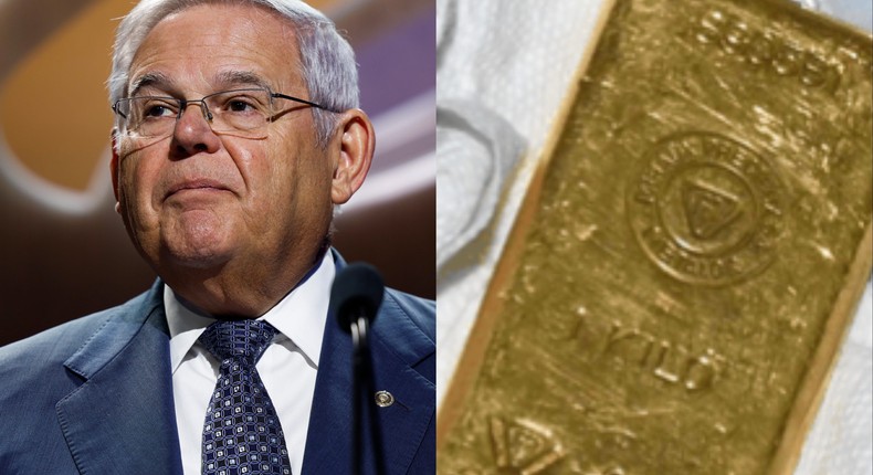 Sen. Robert Menendez / One of the gold bars Menendez is accused of takingAnna Moneymaker/Getty Images / Menendez Indictment