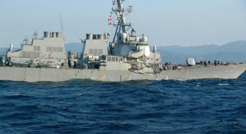 Damaged guided missile destroyer USS Fitzgerald is seen after colliding with a Philippine-flagged container ship on June 17, 2017