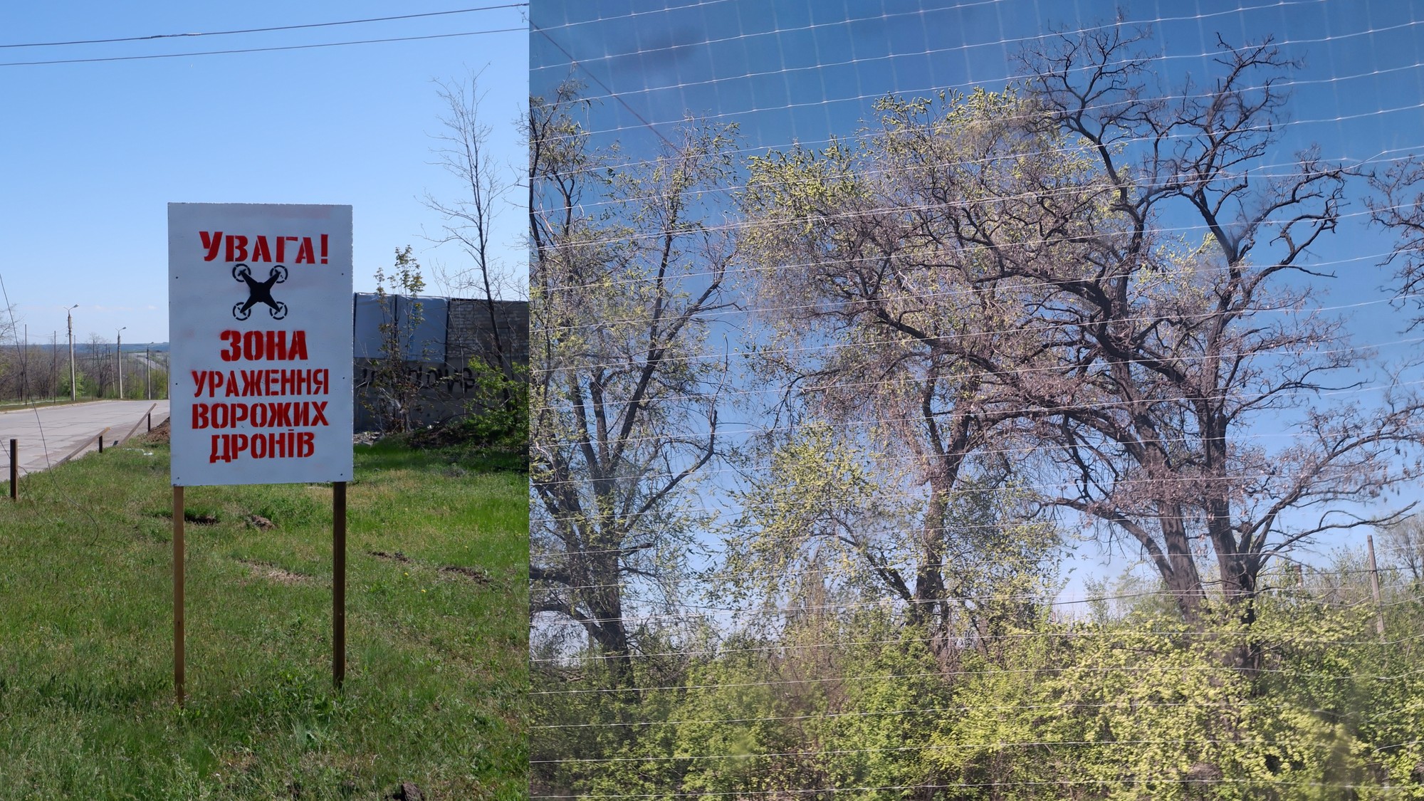 Značka, ktorá v meste Kramatorsk varuje ľudí na zvýšené riziko dronov. Ochranné siete pred dronmi.