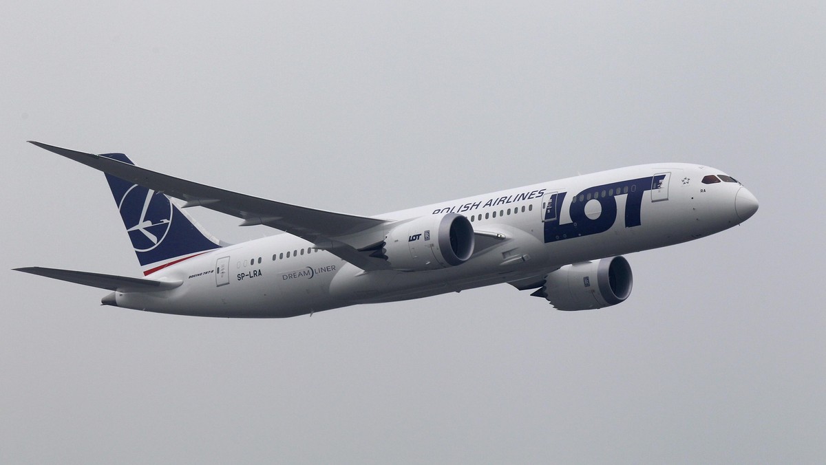 Boeing 787 Dreamliner purchased by Poland's LOT Airlines performs a low altitude flyover at the Chopin International Airport in Warsaw