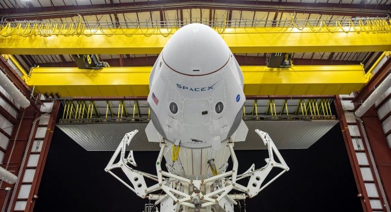 The Crew Dragon spacecraft and the SpaceX Falcon 9 rocket are pictured at Launch Complex 39A at Kennedy Space Center in Florida on May 21, 2020