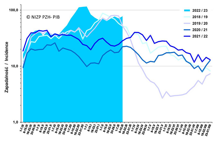 Zapadalność na grypę w obecnym sezonie w porównaniu z sezonami 2018/19 – 2021/22.