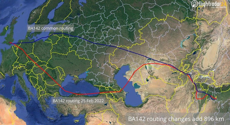 Russia's airspace closure is leading US and European airlines to detour around the country, according to data sent to Insider from travel data provider OAG.Courtesy of FlightRadar24.com