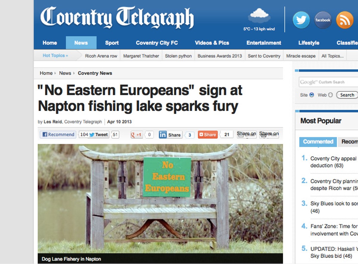 "Nie dla osób z Europy Wschodniej" (źródło: "The Coventry Telegraph")