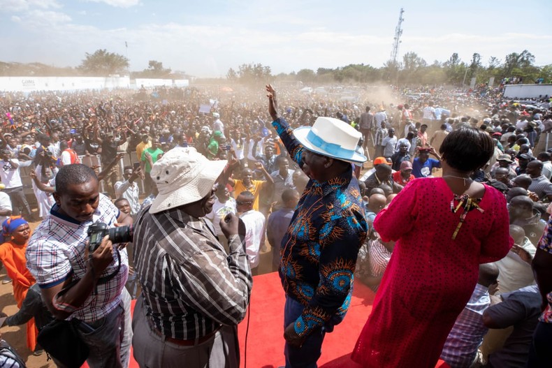 Raila Odinga and other Azimio la Umoja leaders during a rally in Kisumu