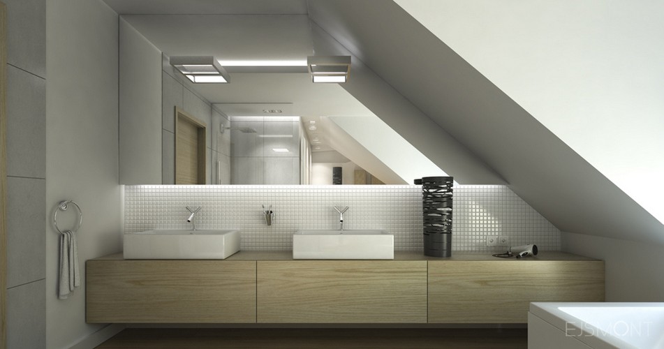 Biała kuchnia i łazienka ocieplone drewnem - projekt Ejsmont