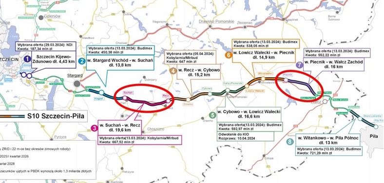 S10 Szczecin - Piła, podział na zadania do realizacji