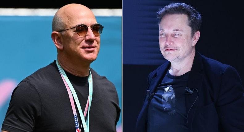 Sue Origin, SpaceX CEO Elon Musk (right) said in reference to Jeff Bezos' (left) rocket company, Blue Origin in an X post on Tuesday.Clive Mason/Formula 1 via Getty Images; Marc Piasecki via Getty Images