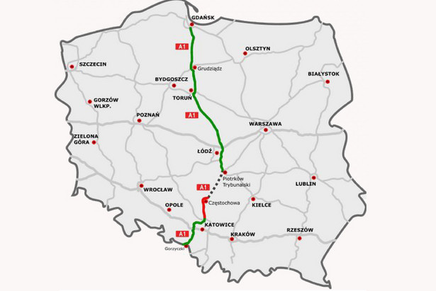 Autostrada A1. Na zielono: odcinki istniejące. Na czerwono: odcinki w budowie. Autor mapy: rzyjontko (talk) - road plan based on GDDKiA website (Polish Motorways Authority)sections under construction based on SkyskraperCity stats, CC BY 3.0