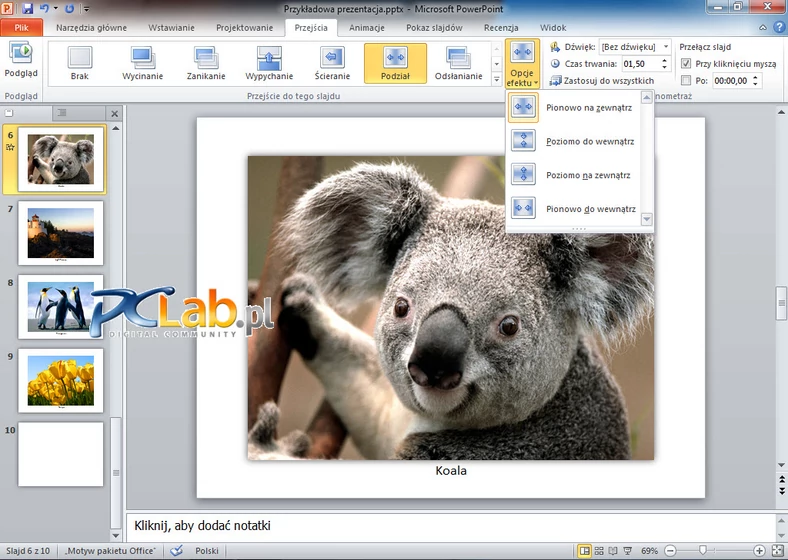 MS PowerPoint 2010 – lista opcji efektu (kliknij, aby powiększyć)