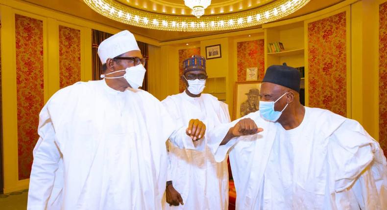 President Buhari receives in audience the newly elected national chairman of the ruling APC, Senator Abdullahi Adamu, accompanied by the former acting national chairman and Yobe governor, Mai Mala. [Twitter:@LeadershipNGA]
