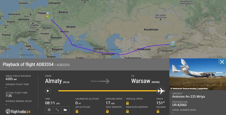 Antonow An-225 Mrija po drodze z Tianjin lądował na lotnisku w Ałma-Aty w Kazachstanie. Stamtąd przyleciał do Warszawy