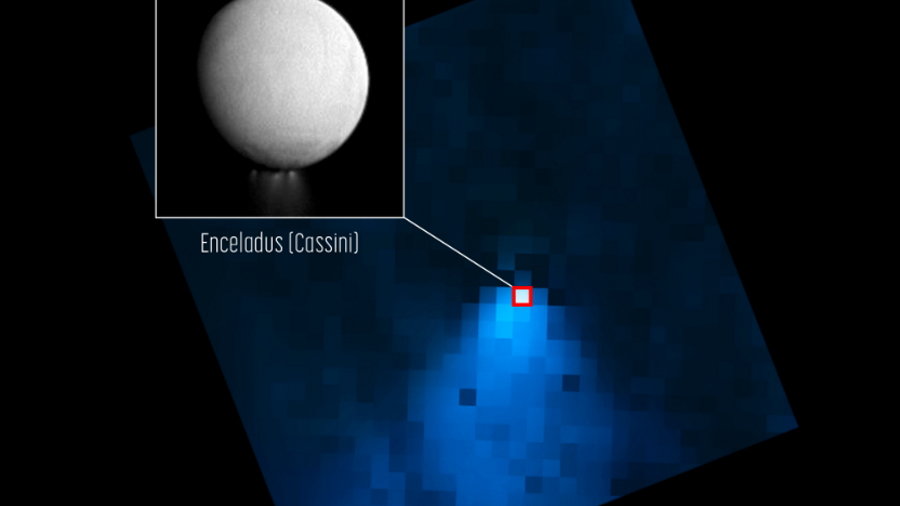 Teleskop Webba uchwycił gigantyczną fontannę na Enceladusie, fot. NASA, ESA, CSA, STScI, and G. Villanueva (NASA’s Goddard Space Flight Center). Image Processing: A. Pagan (STScI)