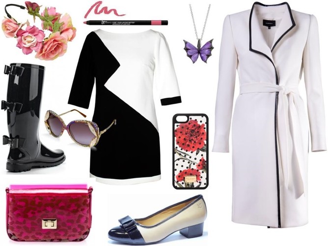 Kalosze – Red Valentino/e-catwalk.pl, tunika – Midori Feminine Fashion/midori.pl, torebka – Pinko/e-catwalk.pl, pantofelki – Caprice/caprice.pl, płaszcz – Hera/hera.com.pl