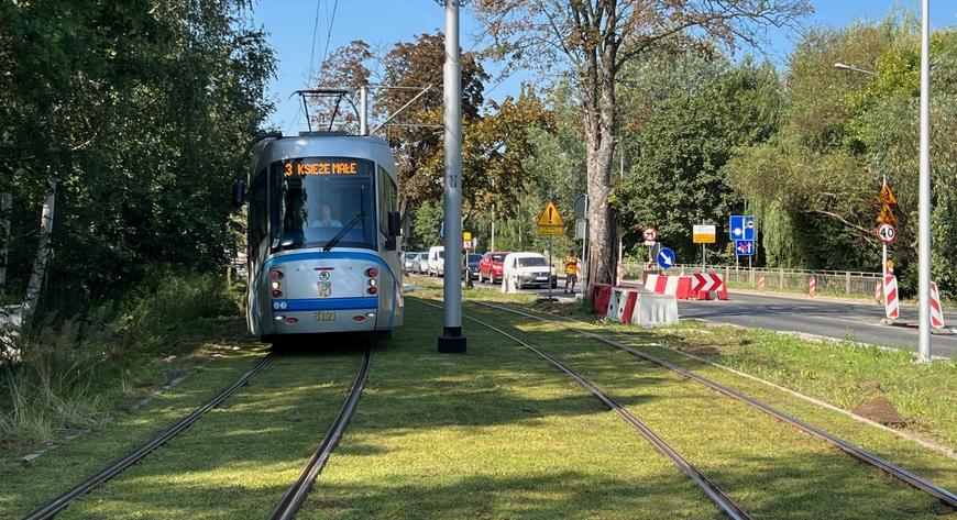 Tramwaj na zielonym dywanie na ul Kosmonautów