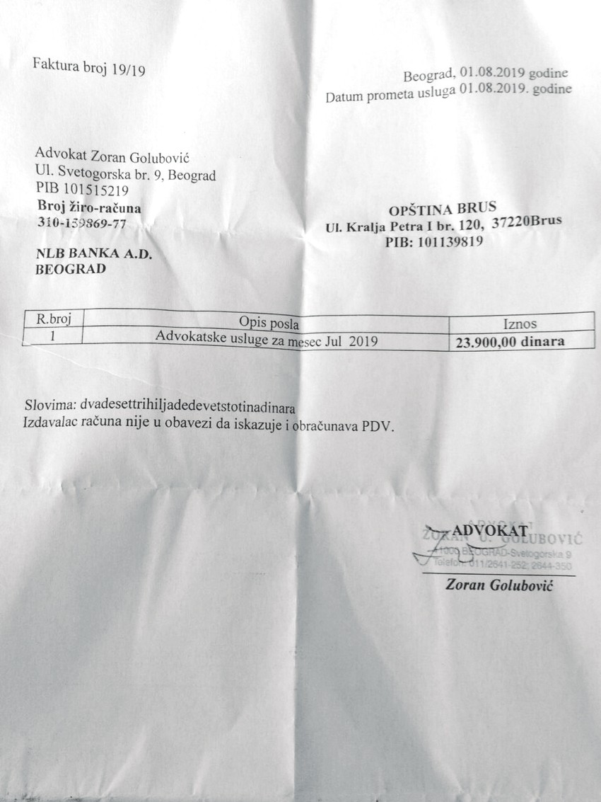U julu ove godine opštini Brus fakturisane su advokatske usluge kancelarije Golubović 