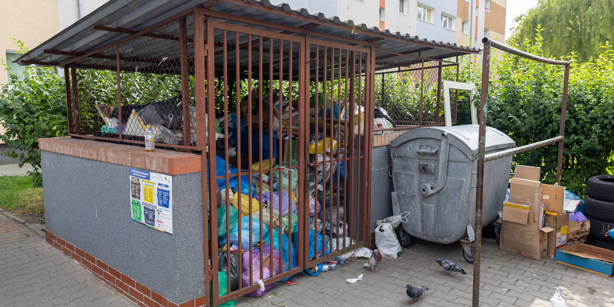 Pojemniki na śmieci na Płomiennej w Poznaniu są przepełnione.
