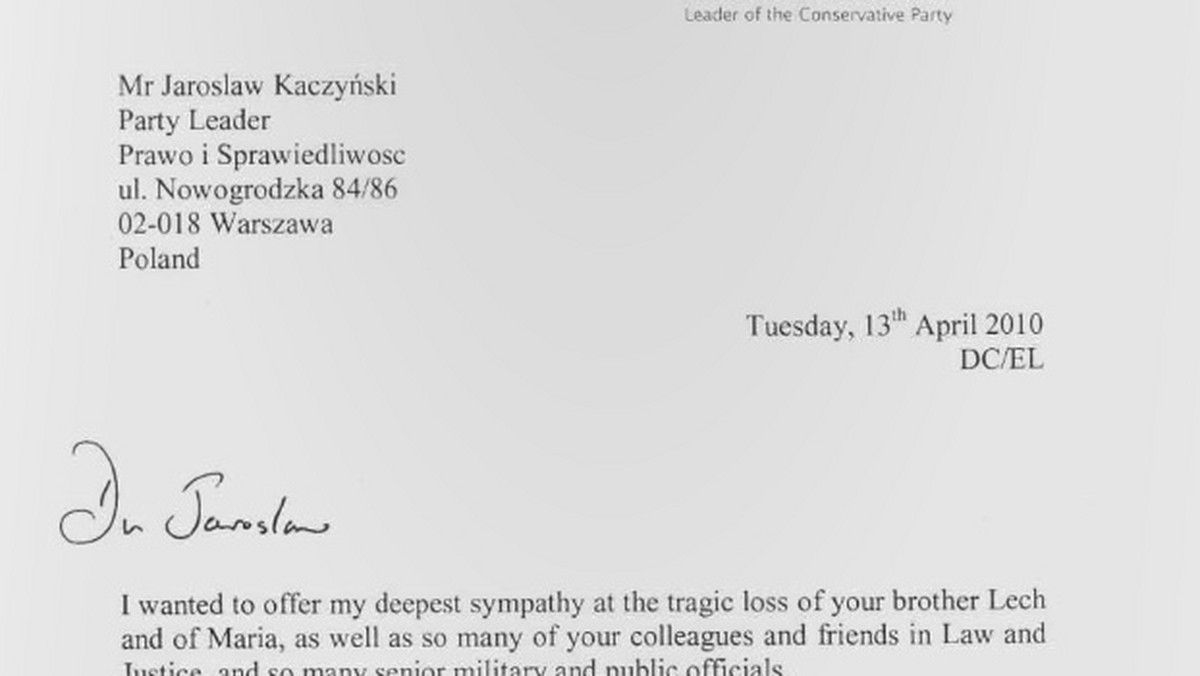 Jarosław Kaczyński stwierdził kilka dni temu, że premier Wielkiej Brytanii David Cameron pogratulował mu decyzji o tym, aby nie przyjmować kondolencji od premiera Rosji Władimira Putina w Smoleńsku. Teraz partyjny portal MyPiS.pl publikuje list, na którego podstawie prezes PiS w rozmowie "Newsweekiem" wypowiedział wspomniane słowa. W liście mowa jest o "godnej postawie". I niewiele więcej.