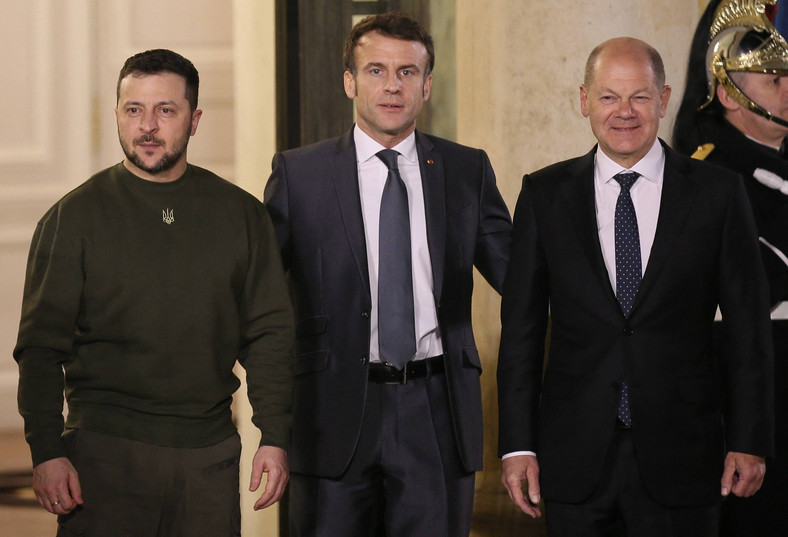 Przywódcy Ukrainy, Francji i Niemiec: Wołodymyr Zełenski, Emmanuel Macron, Olaf Scholz