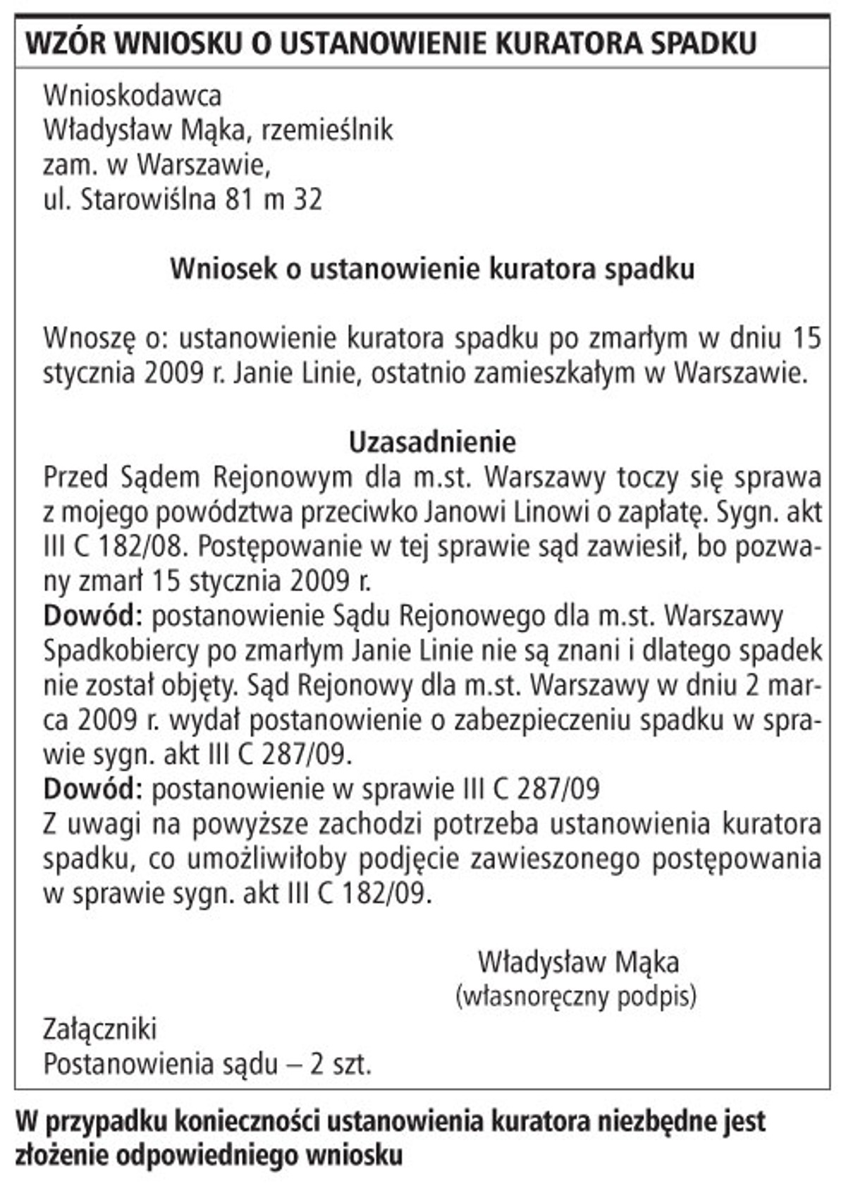 Wzór wniosku o ustanowienie kuratora spadku